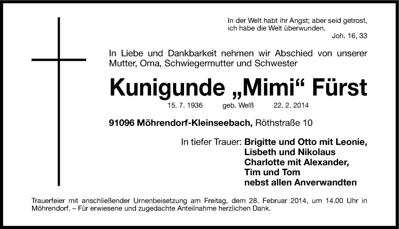  Traueranzeige für Kunigunde Fürst vom 25.02.2014 aus Erlanger Nachrichten Lokal