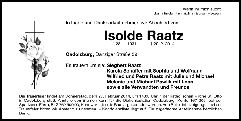  Traueranzeige für Isolde Raatz vom 25.02.2014 aus Fürther Nachrichten Lokal