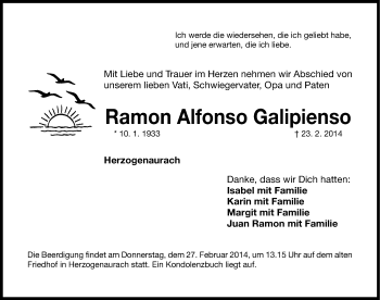 Traueranzeige von Ramon Alfonso Galipienso von Nordbayerische Nachrichten Herzogenaurach Lokal