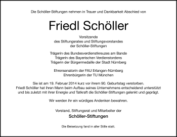 Traueranzeige von Friedl Schöller von Gesamtausgabe Nürnberger Nachrichten/ Nürnberger Ztg.