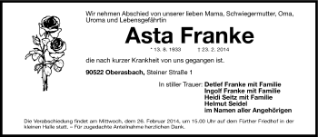 Traueranzeige von Asta Franke von Fürther Nachrichten Lokal