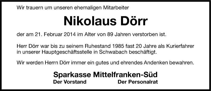  Traueranzeige für Nikolaus Dörr vom 25.02.2014 aus Roth-Hilpoltsteiner Volkszeitung Lokal