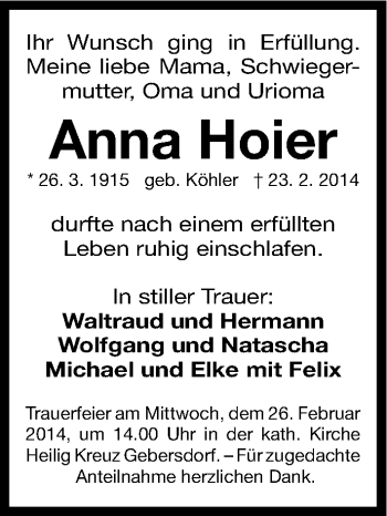 Traueranzeige von Anna Hoier von Gesamtausgabe Nürnberger Nachrichten/ Nürnberger Ztg.