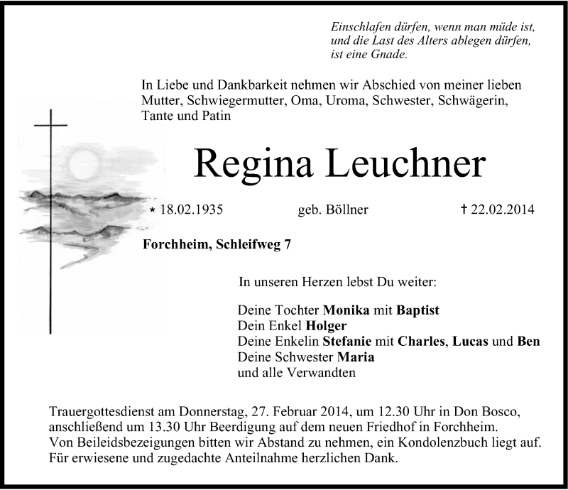  Traueranzeige für Regina Leuchner vom 25.02.2014 aus Nordbayerische Nachrichten Forchheim Lokal