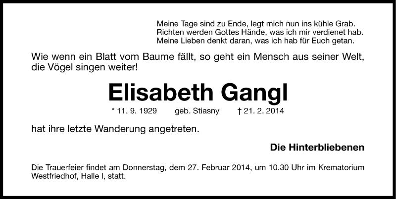  Traueranzeige für Elisabeth Gangl vom 25.02.2014 aus Gesamtausgabe Nürnberger Nachrichten/ Nürnberger Ztg.