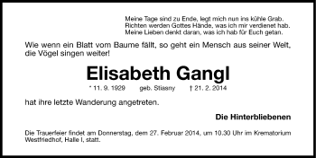 Traueranzeige von Elisabeth Gangl von Gesamtausgabe Nürnberger Nachrichten/ Nürnberger Ztg.