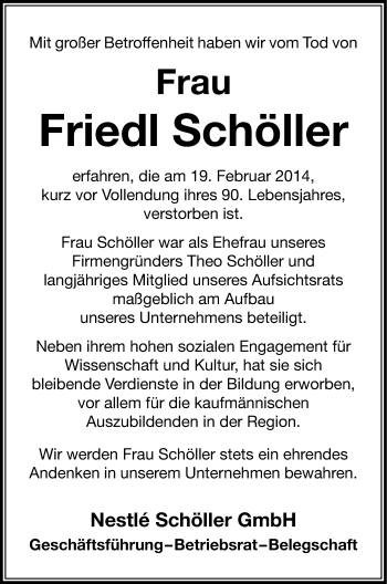 Traueranzeige von Friedl Schöller von Gesamtausgabe Nürnberger Nachrichten/ Nürnberger Ztg.