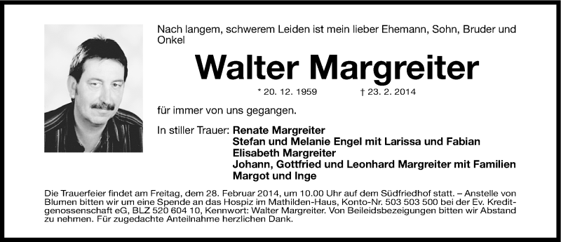  Traueranzeige für Walter Margreiter vom 26.02.2014 aus Gesamtausgabe Nürnberger Nachrichten/ Nürnberger Ztg.