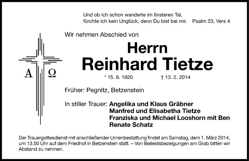 Traueranzeige für Reinhard Tietze vom 26.02.2014 aus Nordbayerische Nachrichten Pegnitz Lokal