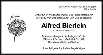 Traueranzeige von Alfred Bierlein von Gesamtausgabe Nürnberger Nachrichten/ Nürnberger Ztg.
