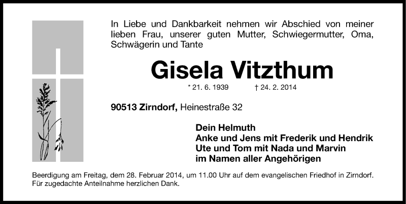  Traueranzeige für Gisela Vitzthum vom 26.02.2014 aus Fürther Nachrichten Lokal