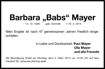 Traueranzeige von Barbara Mayer von Gesamtausgabe Nürnberger Nachrichten/ Nürnberger Ztg.