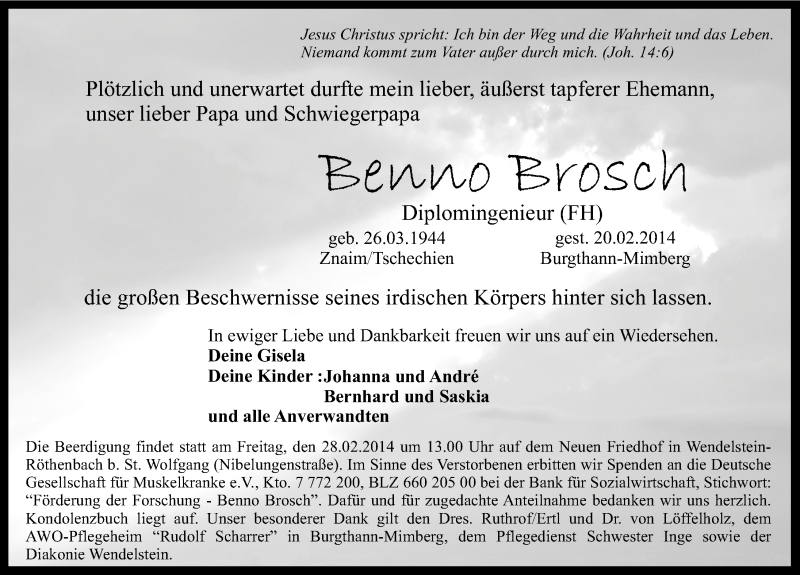  Traueranzeige für Benno Brosch vom 26.02.2014 aus Gesamtausgabe Nürnberger Nachrichten/ Nürnberger Ztg.