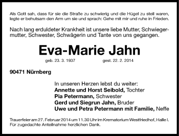 Traueranzeige von Eva-Marie Jahn von Gesamtausgabe Nürnberger Nachrichten/ Nürnberger Ztg.