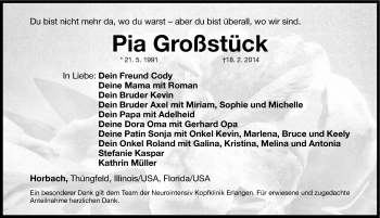 Traueranzeige von Pia Großstück von Nordbayerische Nachrichten Herzogenaurach Lokal