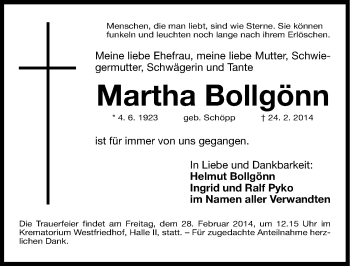 Traueranzeige von Martha Bollgönn von Gesamtausgabe Nürnberger Nachrichten/ Nürnberger Ztg.