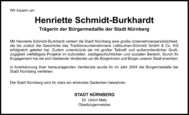  Traueranzeige für Henriette Schmidt-Burkhardt vom 26.02.2014 aus Gesamtausgabe Nürnberger Nachrichten/ Nürnberger Ztg.