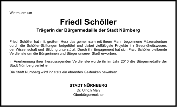 Traueranzeige von Friedl Schöller von Gesamtausgabe Nürnberger Nachrichten/ Nürnberger Ztg.