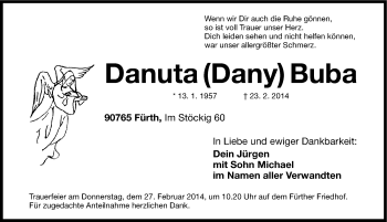 Traueranzeige von Danuta Buba von Fürther Nachrichten Lokal