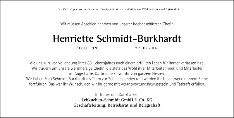  Traueranzeige für Henriette Schmidt-Burkhardt vom 26.02.2014 aus Gesamtausgabe Nürnberger Nachrichten/ Nürnberger Ztg.