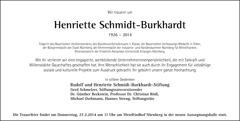  Traueranzeige für Henriette Schmidt-Burkhardt vom 26.02.2014 aus Gesamtausgabe Nürnberger Nachrichten/ Nürnberger Ztg.