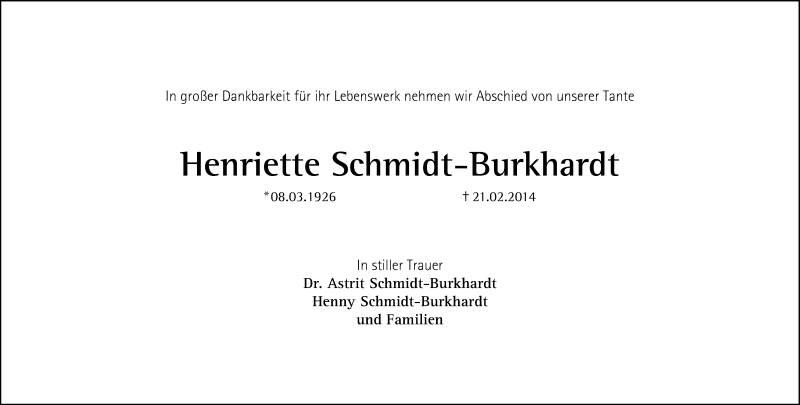  Traueranzeige für Henriette Schmidt-Burkhardt vom 26.02.2014 aus Gesamtausgabe Nürnberger Nachrichten/ Nürnberger Ztg.