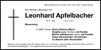 Traueranzeige von Leonhard Apfelbacher von Nordbayerische Nachrichten Pegnitz Lokal