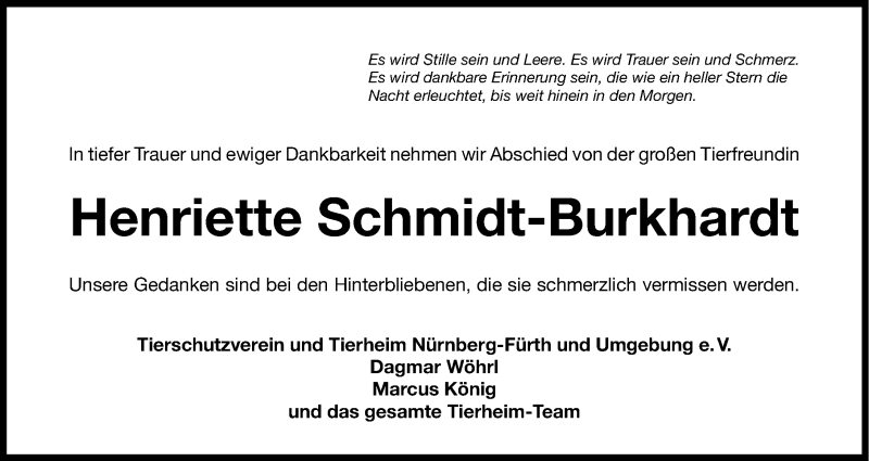  Traueranzeige für Henriette Schmidt-Burkhardt vom 26.02.2014 aus Gesamtausgabe Nürnberger Nachrichten/ Nürnberger Ztg.