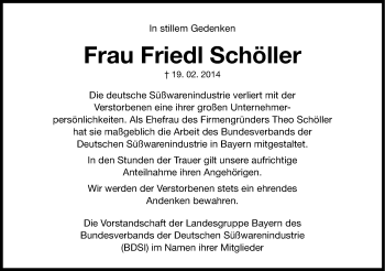 Traueranzeige von Friedl Schöller von Gesamtausgabe Nürnberger Nachrichten/ Nürnberger Ztg.