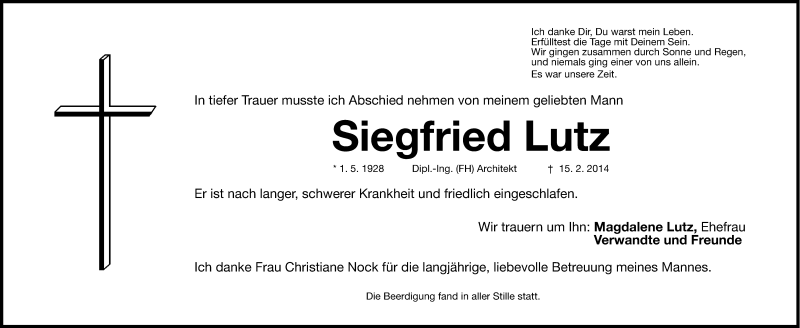  Traueranzeige für Siegfried Lutz vom 08.03.2014 aus Gesamtausgabe Nürnberger Nachrichten/ Nürnberger Ztg.