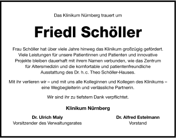 Traueranzeige von Friedl Schöller von Gesamtausgabe Nürnberger Nachrichten/ Nürnberger Ztg.