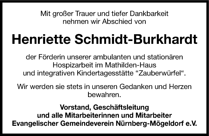  Traueranzeige für Henriette Schmidt-Burkhardt vom 27.02.2014 aus Gesamtausgabe Nürnberger Nachrichten/ Nürnberger Ztg.
