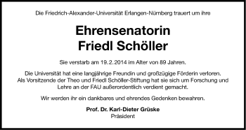 Traueranzeige von Friedl Schöller von Gesamtausgabe Nürnberger Nachrichten/ Nürnberger Ztg.