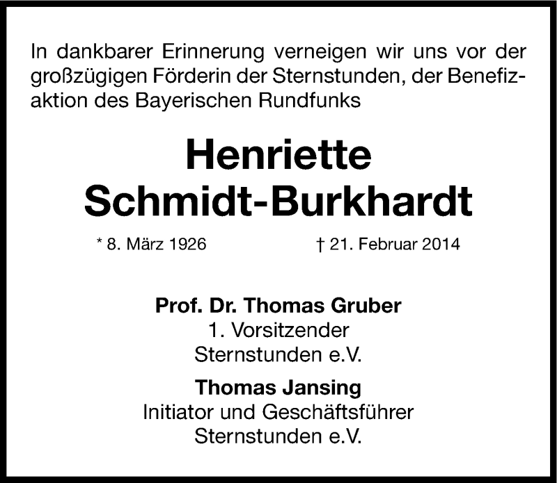  Traueranzeige für Henriette Schmidt-Burkhardt vom 27.02.2014 aus Gesamtausgabe Nürnberger Nachrichten/ Nürnberger Ztg.