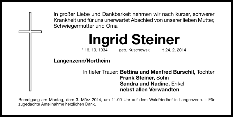  Traueranzeige für Ingrid Steiner vom 28.02.2014 aus Fürther Nachrichten Lokal