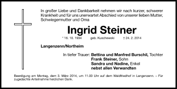Traueranzeige von Ingrid Steiner von Fürther Nachrichten Lokal