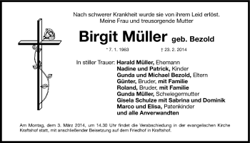 Traueranzeige von Birgit Müller von Gesamtausgabe Nürnberger Nachrichten/ Nürnberger Ztg.