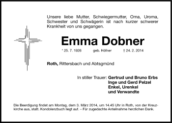 Traueranzeige von Emma Dobner von Roth-Hilpoltsteiner Volkszeitung Lokal