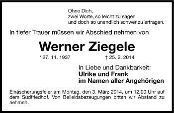 Traueranzeige von Werner Ziegele von Gesamtausgabe Nürnberger Nachrichten/ Nürnberger Ztg.