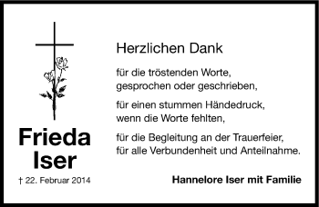 Traueranzeige von Frieda Iser von Fürther Nachrichten Lokal