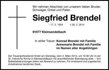 Traueranzeige von Siegfried Brendel von Nordbayerische Nachrichten Forchheim Lokal