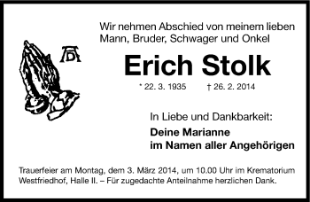 Traueranzeige von Erich Stolk von Gesamtausgabe Nürnberger Nachrichten/ Nürnberger Ztg.