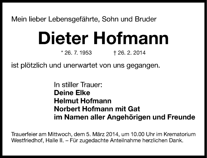  Traueranzeige für Dieter Hofmann vom 01.03.2014 aus Gesamtausgabe Nürnberger Nachrichten/ Nürnberger Ztg.