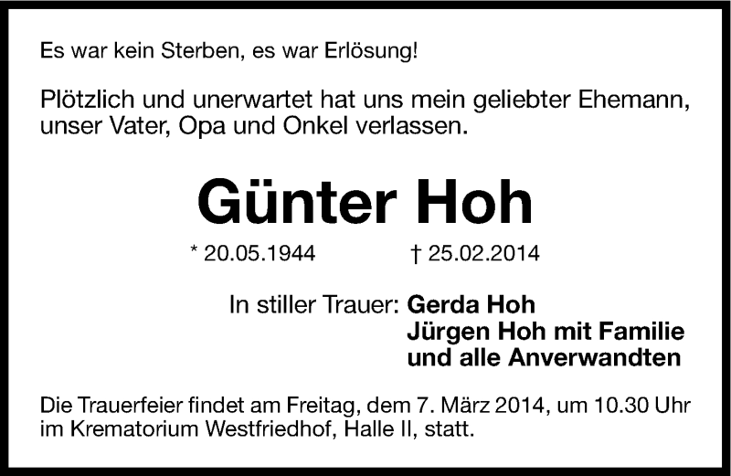  Traueranzeige für Günter Hoh vom 01.03.2014 aus Gesamtausgabe Nürnberger Nachrichten/ Nürnberger Ztg.