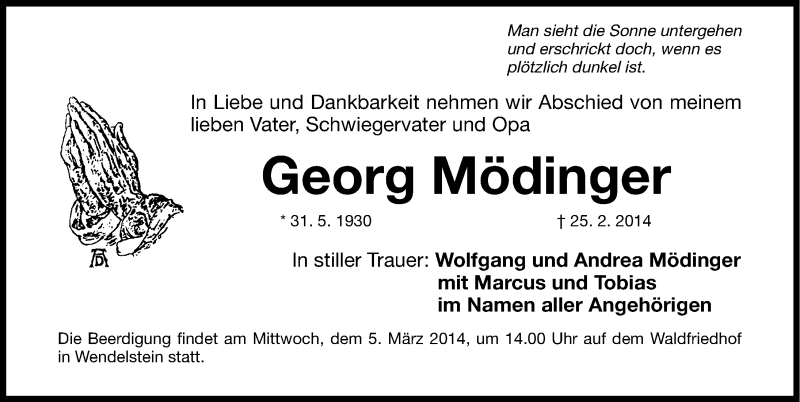 Traueranzeige für Georg Mödinger vom 01.03.2014 aus Gesamtausgabe Nürnberger Nachrichten/ Nürnberger Ztg.