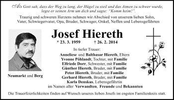 Traueranzeige von Josef Hiereth von Neumarkter Nachrichten Lokal