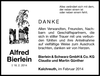 Traueranzeige von Alfred Bierlein von Gesamtausgabe Nürnberger Nachrichten/ Nürnberger Ztg.