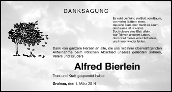 Traueranzeige von Alfred Bierlein von Gesamtausgabe Nürnberger Nachrichten/ Nürnberger Ztg.