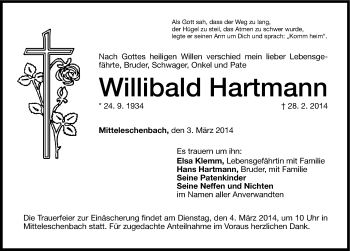 Traueranzeige von Willibald Hartmann von Altmühl-Bote Lokal