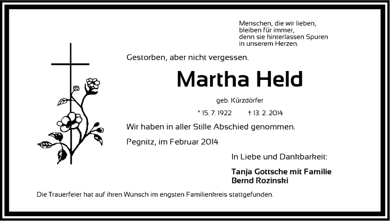  Traueranzeige für Martha Held vom 08.03.2014 aus Nordbayerische Nachrichten Pegnitz Lokal